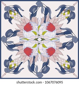 Colorful silk scarf with flowering proteas.