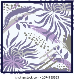 Colorful silk scarf with flowers, leaves, dots and brush strokes