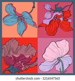 Colorful silk scarf with flowers. Pink, blue, violet on red.