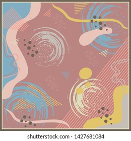 Colorful silk scarf pattern with lines and abstract motif background