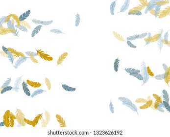 Colorful silver gold feathers vector background. Smooth plumelet tribal ornate graphics. Falling feather elements soft vector design. Angel wing plumage concept.