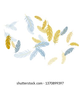 Colorful silver gold feathers vector background. Wildlife nature isolated plumage. Detailed majestic feather on white design. Lightweigt plumelet windy floating pattern.