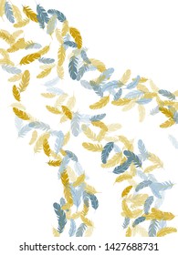 Colorful silver gold feathers vector background. Bird wing plumage boho line art. Falling feather elements soft vector design. Smooth plumelet tribal ornate graphics.
