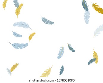 Colorful silver gold feathers vector background. Falling feather elements soft vector design. Quill plumelet silhouettes illustration. Bird wing plumage boho line art.
