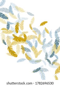 Colorful silver gold feathers vector background. Wildlife nature isolated plumage. Smooth plumelet tribal ornate graphics. Detailed majestic feather on white design.