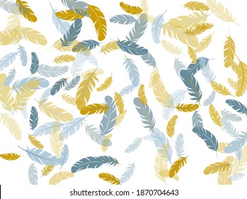 Colorful silver gold feathers vector background. Fluffy twirled feathers on white design. Plumage trendy fashion shower decor. Easy plumelet ethnic indian graphics.