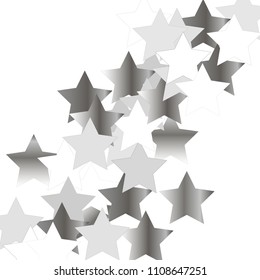Colorful silver random stars forming diagonal path. Abstract vector background. Isolated flying rotating elements isolated. Vector illustration. Holiday decorations, paper packaging, textile design.

