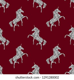 Colorful silver Unicorn on blue. Magical animal Pattern