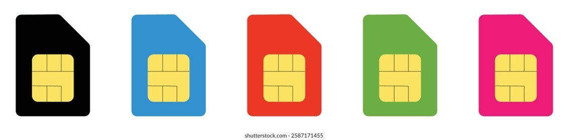 Colorful sim card set with black, blue, red, green, and pink chip designs for mobile network communication and connectivity. Sim card icon set. dual sim card icon vector.