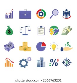 A colorful and simple business and finance icons pack featuring clean, modern designs.