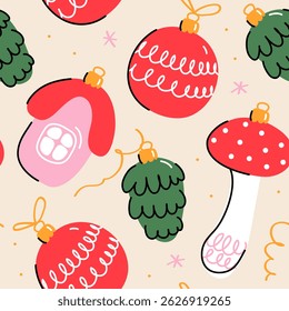 Colorful simple Christmas seamless pattern of various Christmas tree decorations in the shape of a fly agaric, ball, pine cone, house on a light background; hand drawn illustration, flat style