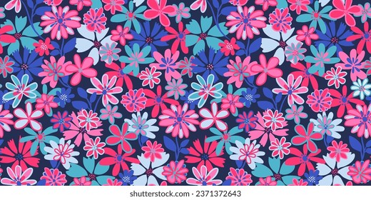 Colorido, simple, lindo, abstracto patrón de flores sin costuras.  Forma dibujada a mano vectora, doodle floral, groovy flores. Impresión moderna y de moda. Plantilla para diseño, moda, decoración interior, textil