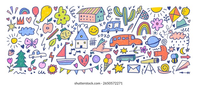 Colorful simple cute childish doodle collection. Various funky kid's illustrations with crayon texture lines. Cute sun, house, smile face, trees, clouds, cars and boat. Naive kids doodle shapes.