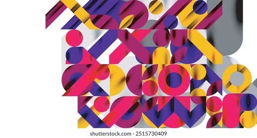 Formas geométricas dinâmicas simples e coloridas circulam linhas e formas redondas. Conceito de arte tecno mosaico. Ilustração vetorial para papel de parede, banner, plano de fundo, cartão, ilustração de livro, página inicial