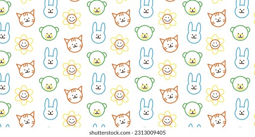 Colorful simple faces animals seamless pattern doodle style. Cute kids beast repeating print. Childish background, texture for textile, fabric, wrapping. Flat graphic vector illustration
