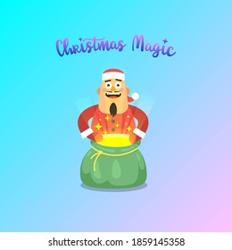 colorful simple flat art vector illustration of joyful guy in a Christmas outfit with an open shining magic bag in his hands
