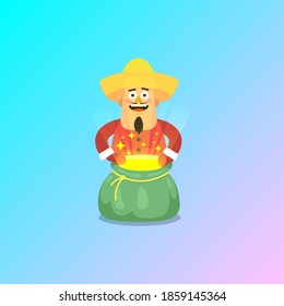 colorful simple flat art vector illustration of joyful guy in a sombrero and Christmas outfit with an open shining magic bag in his hands