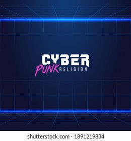 colorful simple flat art vector illustration in retro futurism style of headline signboard text cyber punk religion