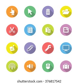 colorful simple flat computer and technology icon set 3 on circle with long shadow for web design, user interface (UI), infographic and mobile application (apps)