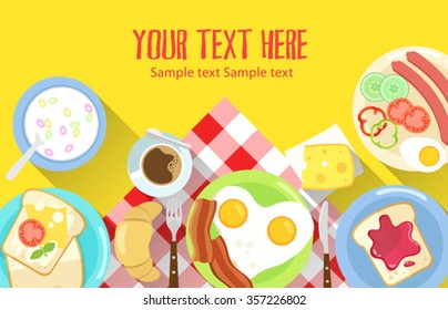 colorful simple flat design modern breakfast illustration with various food and checkered  table cloth with yellow background and place to your red text typography