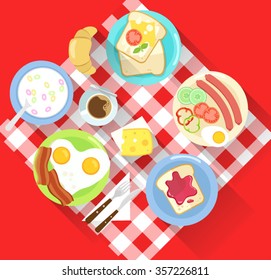 colorful simple flat design modern breakfast illustration with various food and checkered  table cloth with red background