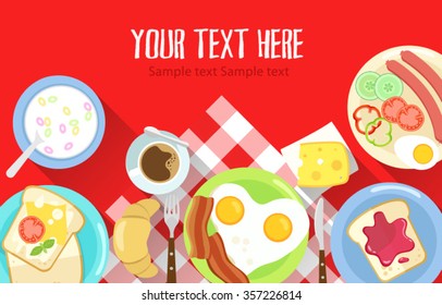 colorful simple flat design modern breakfast illustration with various food and checkered  table cloth with red background and place to your white text typography