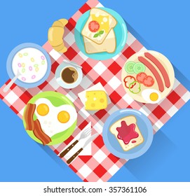 colorful simple flat design modern breakfast illustration with various food and  checkered table cloth with bright royal blue background