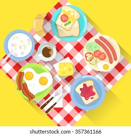 colorful simple flat design modern breakfast illustration with various food and  checkered  table cloth with yellow background