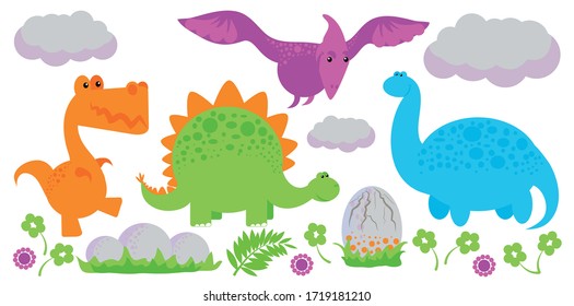 Colorful simple flat dinosaur set. Bright vector on white background. Isolated elements. 4 different characters, eggs, flowers, clouds. Preschool educational poster, sticker, print, stamp, game.