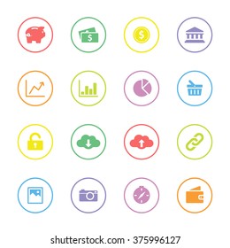 colorful simple flat finance and technology icon set 4 with circle frame for web design, user interface (UI), infographic and mobile application (apps)