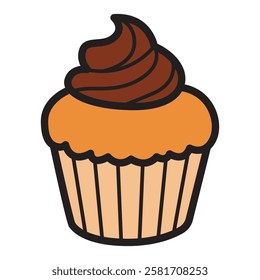 A colorful and simple flat icon illustration of a chocolate cupcake, showcasing a rich, delicious chocolate base topped with creamy frosting.