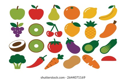 Colorful and simple flat illustration of fruits and vegetables