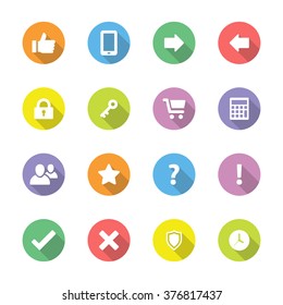 colorful simple flat miscellaneous icon set 2 on circle with long shadow for web design, user interface (UI), infographic and mobile application (apps)