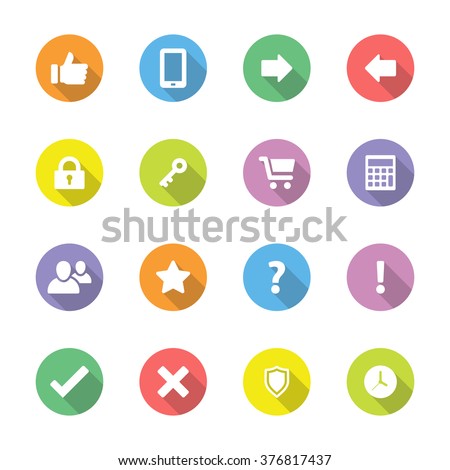 colorful simple flat miscellaneous icon set 2 on circle with long shadow for web design, user interface (UI), infographic and mobile application (apps)