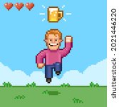colorful simple flat pixel art illustration of cartoon smiling male retro video game character bouncing under a mug of beer