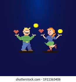 colorful simple flat pixel art illustration of boy and girl who buy love for each other for money