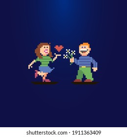 colorful simple flat pixel art illustration of date of a girl and a boy. the guy has a bouquet in his hand and the girl holds a heart in her hand