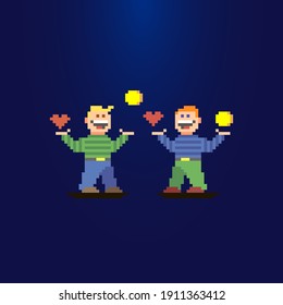colorful simple flat pixel art illustration of two guys buying each other love for money