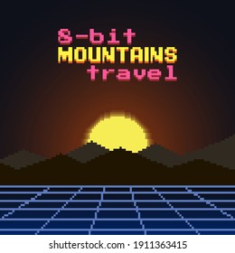 colorida ilustración de píxel plano simple de la puesta de sol o el amanecer detrás de la cordillera en el estilo del futurismo retro de los años 80