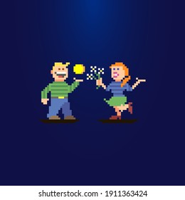 colorful simple flat pixel art illustration of guy who buys flowers from women