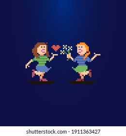 ilustración de arte colorida simple de píxel plano de la fecha de dos niñas. una chica tiene un ramo en la mano y otra chica tiene un corazón en la mano