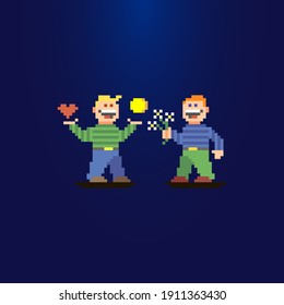 colorful simple flat pixel art illustration of two smiling guys. one boy has a heart and a coin in his hands, and another boy is holding a bouquet of flowers.