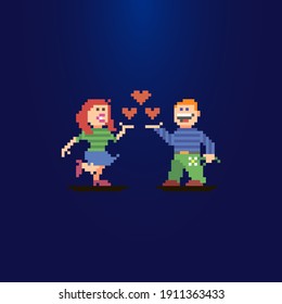 colorful simple flat pixel art illustration of a guy and a girl in love with three hearts between them