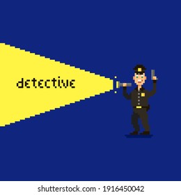 colorida ilustración de un simple píxel plano de un policía sonriente sosteniendo una linterna en una mano y una pistola en la otra