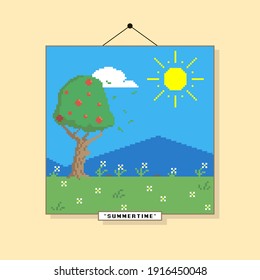 colorful simple flat pixel art illustration of picture of a summer mountain landscape hanging on the wall