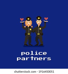 colorful simple flat pixel art illustration of two police officers of different genders embracing and holding hearts in their hands