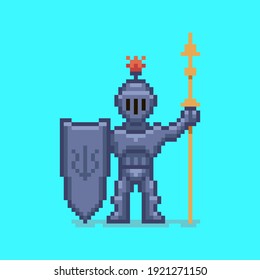 colorful simple flat pixel art illustration of medieval guard knight with spear and shield in hands