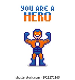 colorful simple flat pixel art illustration of smiling cartoon superhero in superhero pose for motivational poster