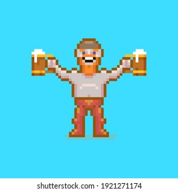 farbenfrohe, einfache flache Pixelkunst-Illustration von lächelnden Cartoon-bartbesaiteten Piraten oder Seemännern mit zwei Bechern Bier in seinen Händen