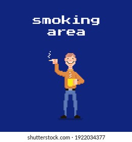 colorful simple flat pixel art illustration of young smiling guy with a cigarette and a mug of hot coffee or tea